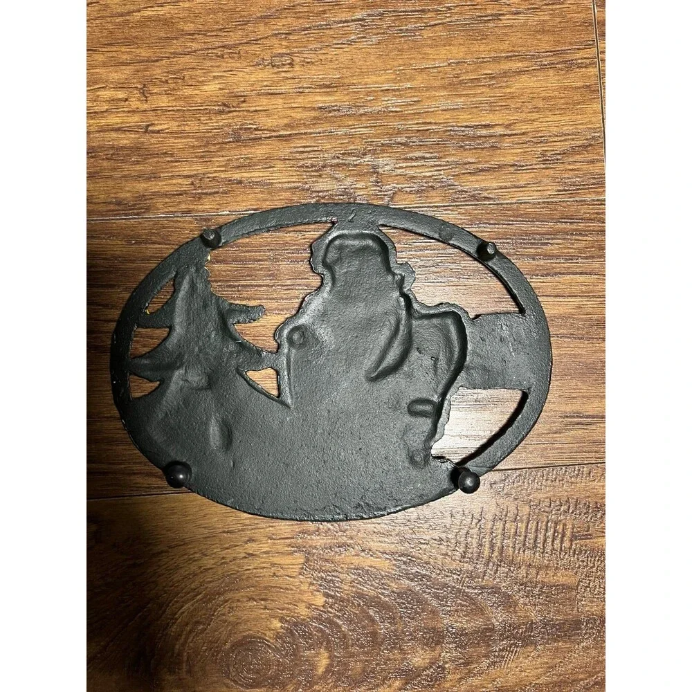 Vintage Hand Painted Santa Claus Christmas Tree Cast Iron Trivet Xmas Decoration